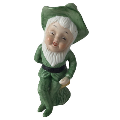 Vintage Ceramic Leprechaun Pixie Elf  Green Figurine Sitting on A Mushroom