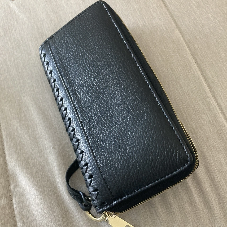 Cartera de viaje Carlisle 100 % cuero negra dorada nueva sin etiquetas Foto 3 de 4