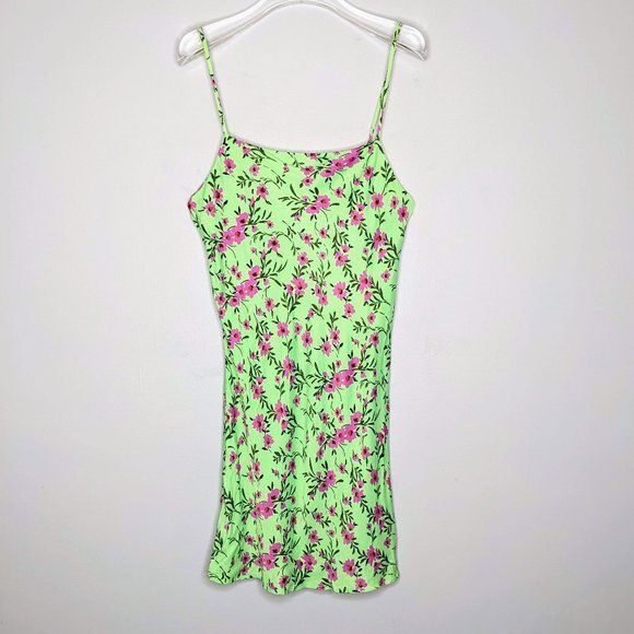 Zara Green Floral Print Mini Slip Dres Adjustable Straps Button Detail Size  M