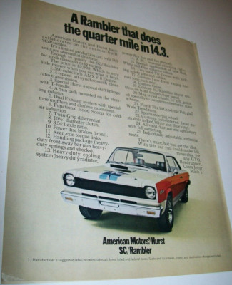 1969 AMC Hurst SC/Rambler mid-size-mag car ad- ''does 1/4 mile in 14.3''