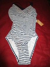 Kona Sol Women's Macrame Strap One Piece Swimsuit Swimwear Navy/White Small