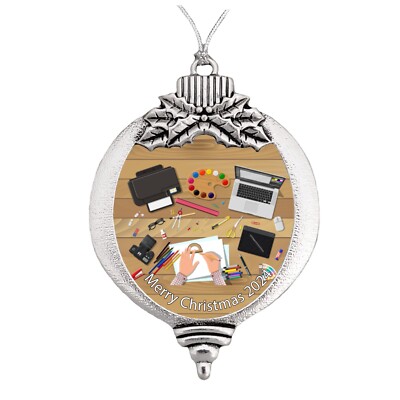 Artist Drawing Painting 2024 Bulb Christmas Silver Metal Ornament Gift