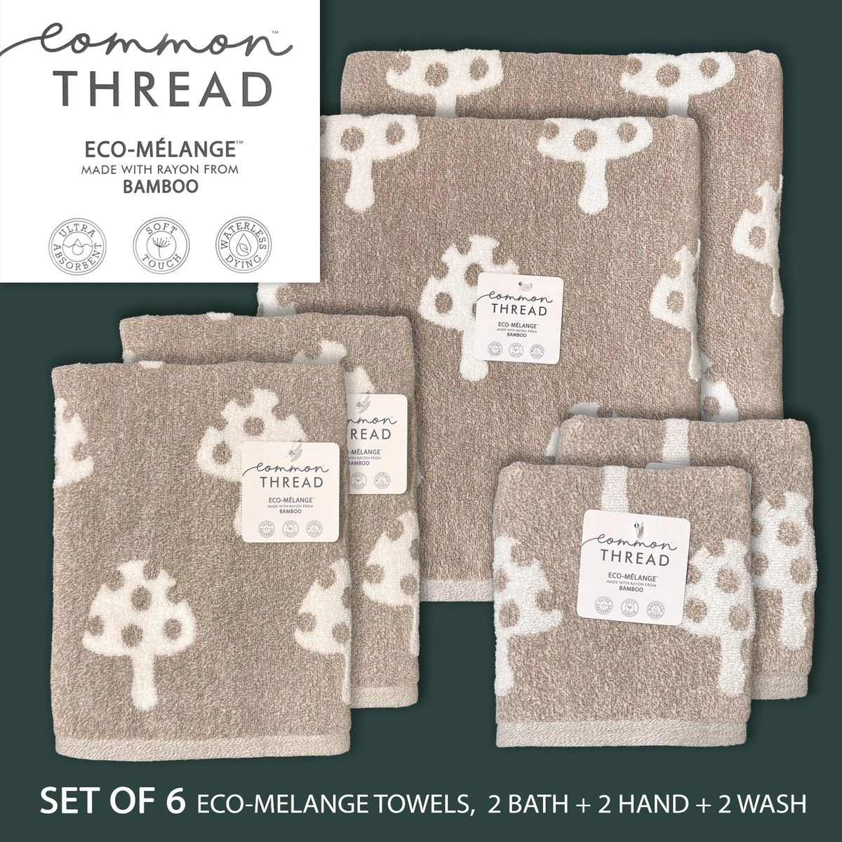 SET OF 6 Common Thread ECO MELANGE Bath Hand Wash Towels Mushrooms