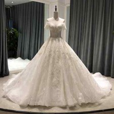 Luxury A-Line Wedding Dresses Sweetheart Short Sleeve Lace Applique Bridal Gowns