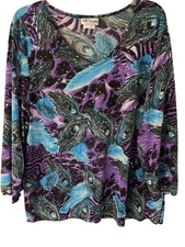 All Hours XXL Top Stretchy Knit Peacock Feather Print Sequins 3/4 Sleeves Blouse