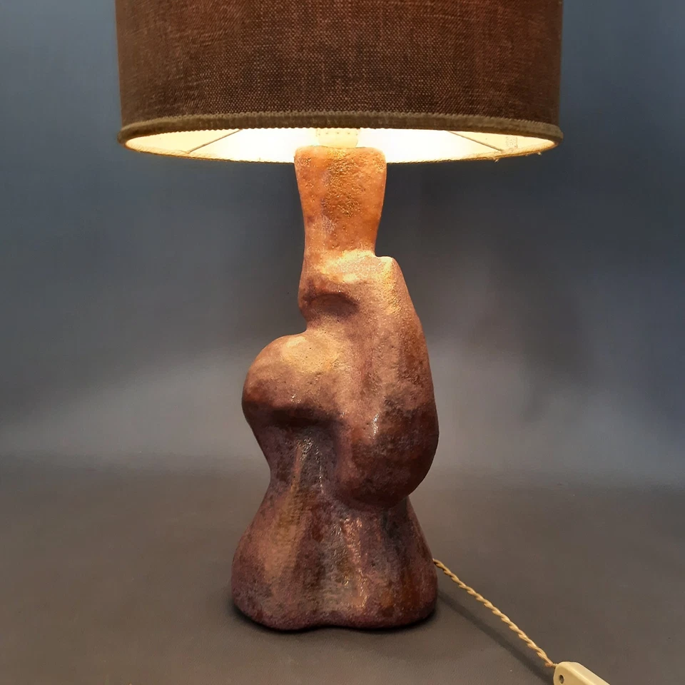 Lámpara de Mesa Cerámica Mayólica Rosa Tela Pantalla Diseño Abstracto 1960 Foto 3 de 4