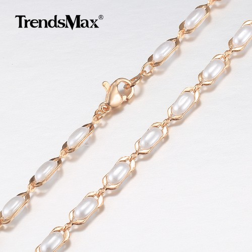 585 Rose Gold Twisted Weave/Herringbone/White Pearl Bead Chain Necklace 20/24" - Picture 18 of 22
