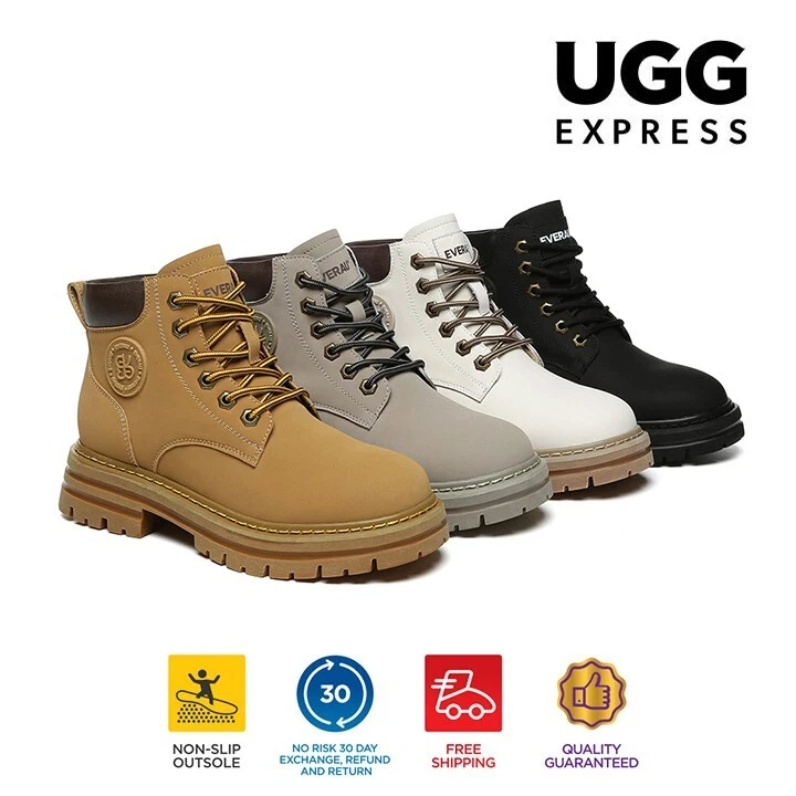 EVERAU® UGG Boots Women Leather Australian Sheepskin Wool Lace Up Chunky Aubrey