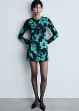 NWT MANGO MNG $90 WATERCOLOR PRINT SATIN DRAPED WAIST MINI DRESS SZ M US 6