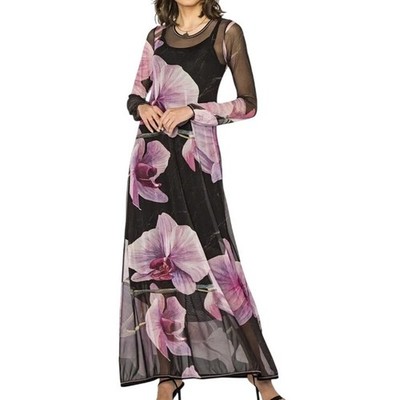 Beate Heymann Orchid Maxi Dress Womens 8 Black Purple Sheer Stretch Boho Chic
