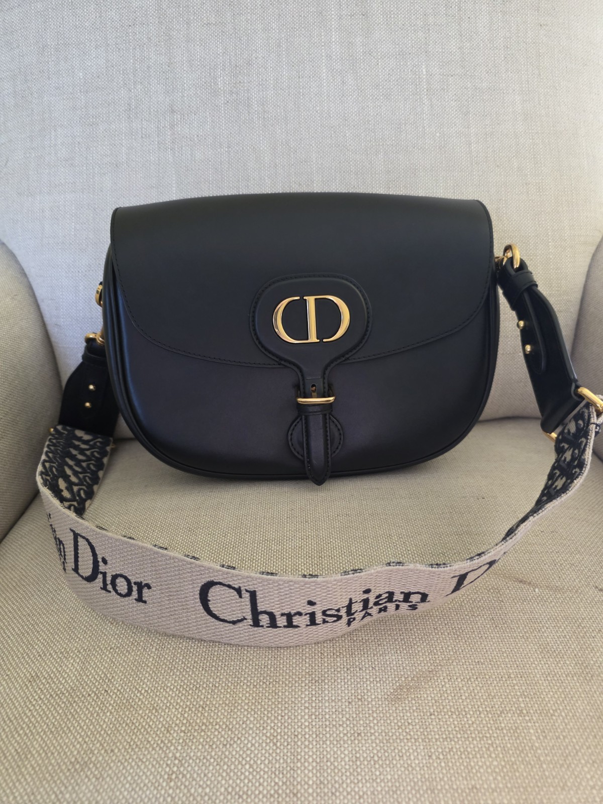 Dior Bobby Black Crossbody Bag Women Flap Closure Detachable Logo Strap Gold HW