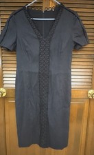 Elie Tahari Black Sheath Dress US 10 Short Sleeve Loop Trim Cocktail Party