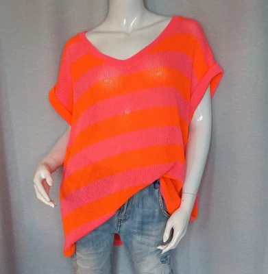 Hippie V-Neck Pulli Baumwoll Pullover Blockstreifen Orange Pink 38,40,42,44 Neu - Bild 1 von 4