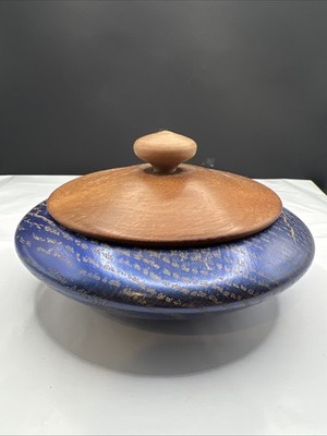 Artisan Hand Turned Wood Lidded Bowl Signed Powell 2014 Cerused Blue Gold Oak