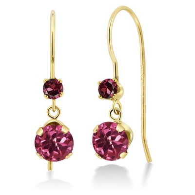 14K Yellow Gold Pink Tourmaline and Rhodolite Garnet French Wire Dangle Hook