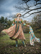 Exotic Boho J. Peterman Silk Quilt Patch Dress Gold Waist Tie Button Colorful 10