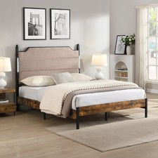 Queen/King LED Bed Frame w/ Upholstered Headboard Charging No Box Spring Needed