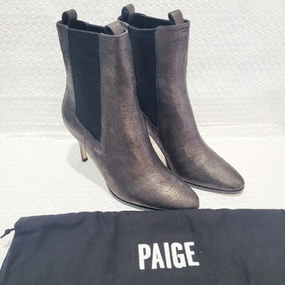 NEW PAIGE Celeste Chelsea Ankle Boot Gunmetal Croc Embossed Metallic Stiletto 10