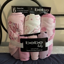 New BEBE Baby 6piece Set 3 Hooded Towels 3 Wash Clothes Pink Colors