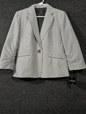 Kasper Womens Seersucker Rouched Sleeve Jacket One Button Striped Size 10P