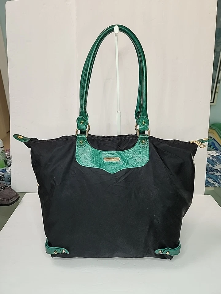 Bolso de Mano Rebecca Minkoff Nylon Cuero Grn Negro Lado Suave Tachonado Doble Asa Foto 3 de 4