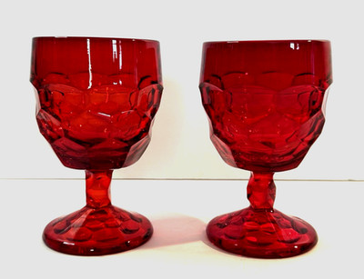 Vintage Viking Ruby Red Glass Georgian Honeycomb Wine Goblet 12oz Set of 2