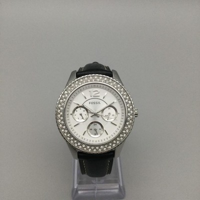 Fossil Stella Womens Watch 38mm Silver Tone Crystals Leather 