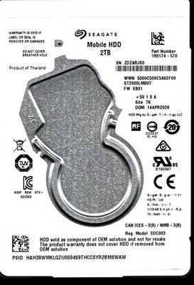 ST2000LM007 P/N: 1R8174-570 F/W: EB01 S/N: ZDZAR 2TB APR 2020 THAILAND SEAGATE