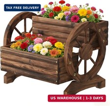 Wooden Wagon Planter Wooden Flower Cart with Wheels Outdoor Garden Planter, Deco