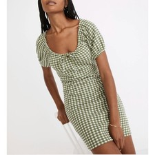 Madewell Jacquard Puff-Sleeve Mini Dress in Green Gingham Check XL