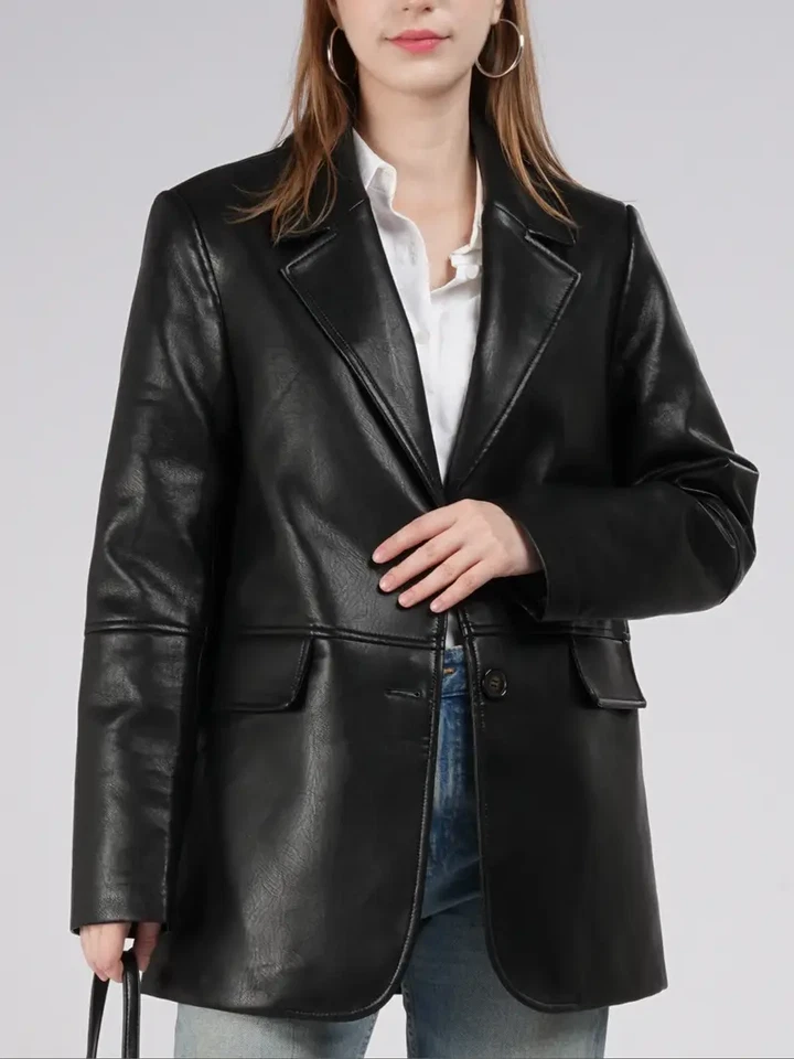 Women’s Black Genuine Lamb Leather Blazer 2 Button Coat Relax Fit Classic Style - Image 2 of 4