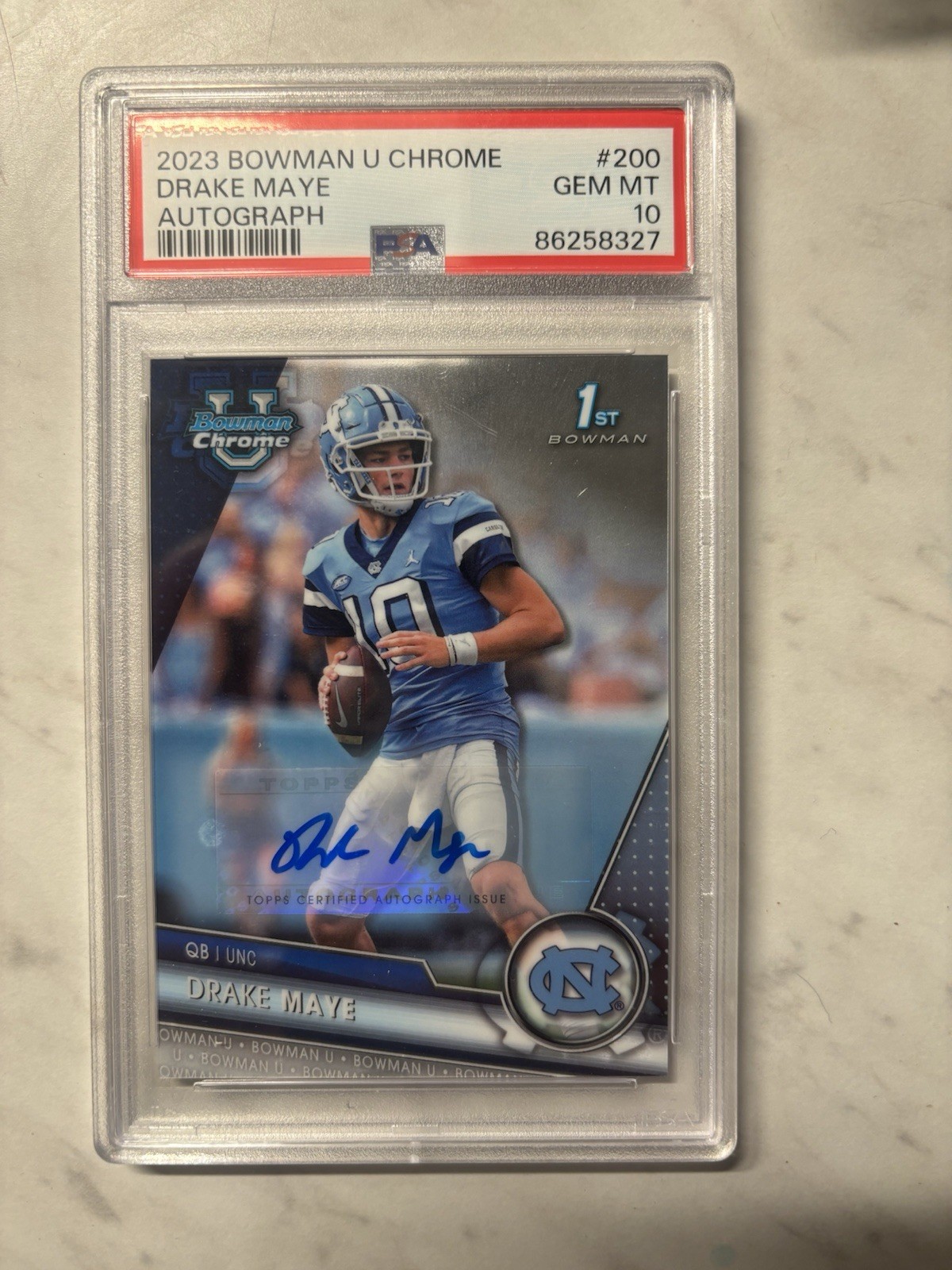 Drake Maye 2023 Bowman University Chrome #200 Bowman 1st Rookie Auto PSA 10
