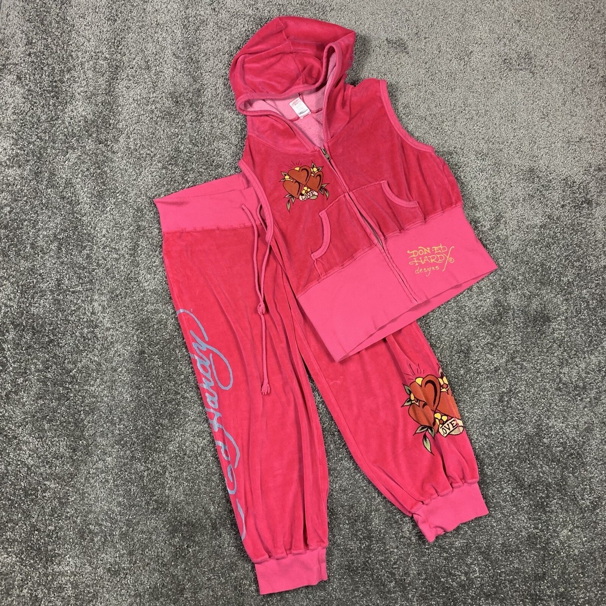 Ed Hardy Vintage Y2K Velour Set Jacket Joggers Size L/S But