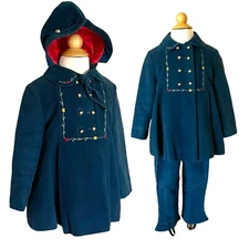 Vintage 1950s Kute Kiddies Girls 3 Pc Set Blue Velvet Winter Jacket Pant Bonnet
