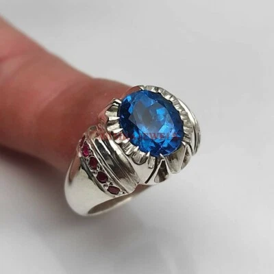 Natürlich Blauer Topas & Heizbar Rubin Mit 925 Sterlingsilber Ring für Herren # - Bild 1 von 4