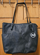 Michael Kors Jet Set Black Signature Tote MK Logo Silver Buckles