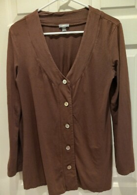 J Jill Womans Brown Button Up V Neck Jersey Cardigan Top Brown  Rayon Blend XS