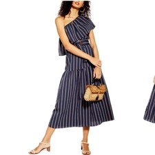 2511 Topshop Striped One Shoulder Midi Dress NAVY size 6 *MISSING BELT