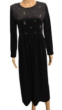 Vtg 90s Black Velvet Stretch Cottagecore Dress Sz 8 Floral Embroidered Boho
