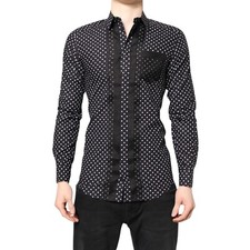 DOLCE & GABBANA Shirt Black Polka Dot Long Sleeves Gold Formal 38/US15/XS 600usd