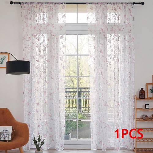 Voile Curtains Panel Leaves Flower Sheer Tulle Curtain Window Screening Slot Top - Picture 12 of 18