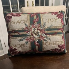 Vintage Christmas Tapestry Accent Throw Pillow Peace Joy Noel  Cheer 15"x12"