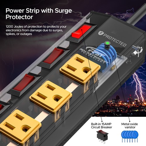 8 Outlet Heavy Duty Power Strip with Individual Switches, 15A/14AWG/1875W/1200J - Picture 6 of 8