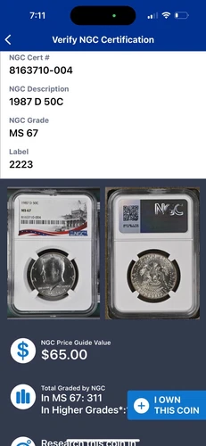 1987 d 50c NGC  Ms 67