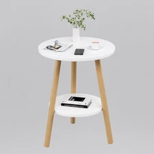 OERGKE Round End Table, Small Side Tables with Lower Shelf, Coffee White 