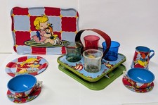 Vintage Ohio Art 7 Piece Childs Tin Litho Tea Set  Little Deb Carry Tray