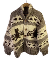 VTG Cowichan Wool Sweater Eagle Thunderbird Hand Knit Canada Wood Button XL