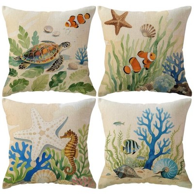 Ocean Theme Coastal Pillowcases Sea Turtle-Sea Horse-Seashell-Octopus-Fish-St...