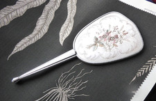 Vintage Pretty Silver Coloured Satin Embroidered Hand Mirror