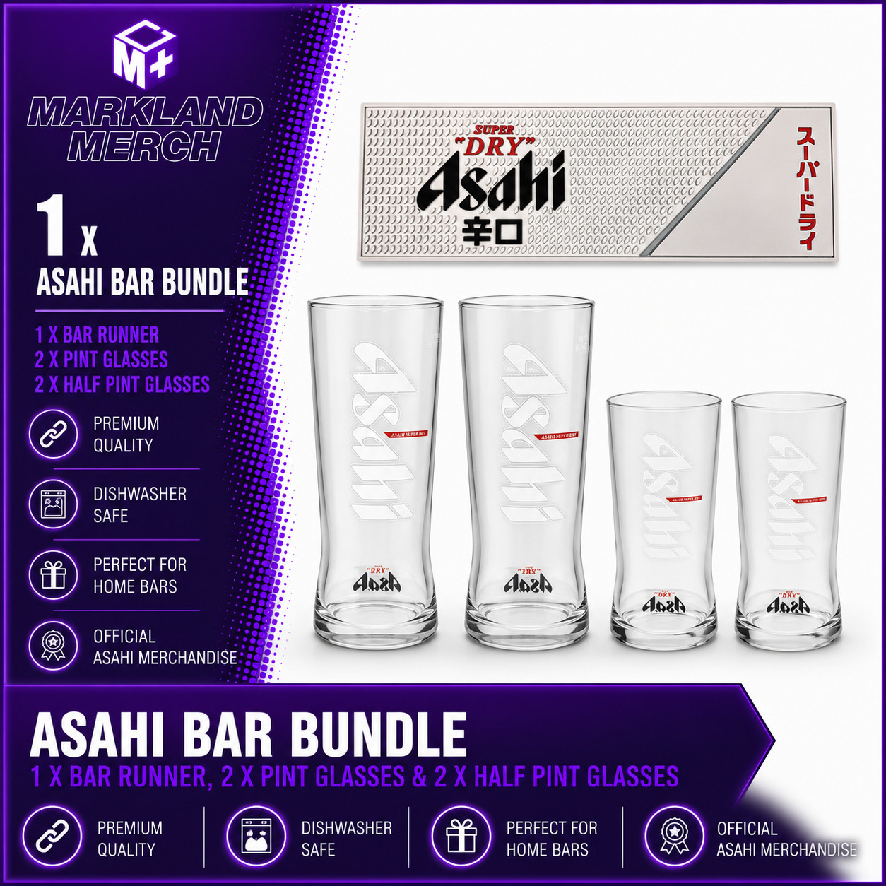 Paquete Asahi Super Dry Bar | Corredor, 2 vasos de pinta y 2 medias pinta | Home Bar